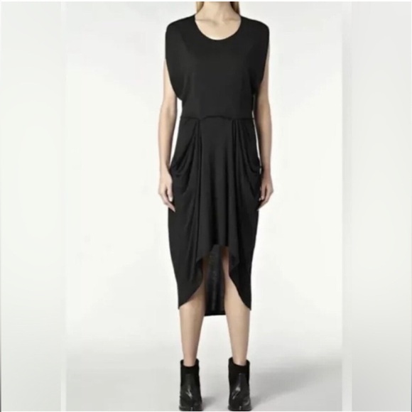 All Saints Zoe Yunao Dress Modal Silk With Pockets Split Sleeve High Low Black - Picture 1 of 9
